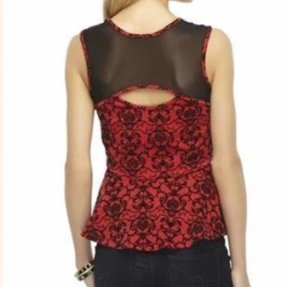 ❤️2 for 12❤️ Bongo Red Velvet Damask Peplum Top - Picture 2 of 5
